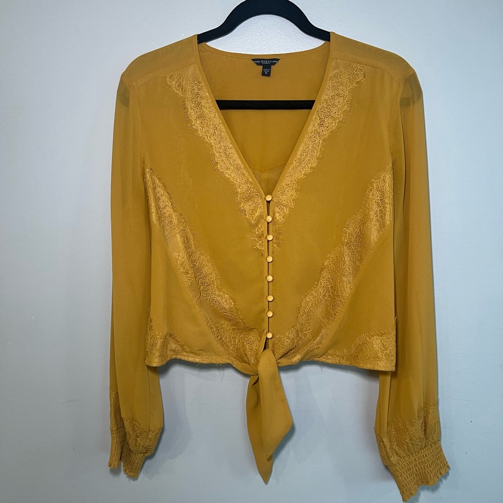 Beautiful Guess Lace trimmed button up blouse long sleeve